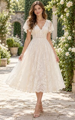 Vestido de novia bohemio de encaje con escote en V y mangas con volantes, largo hasta la rodilla