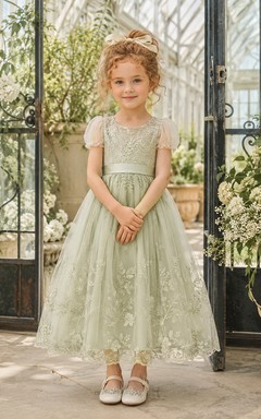 Sage Flower Girl Dress Tea-Length Floral Lace Tulle A-Line Jewel Neck Sheer Puff Sleeve Scalloped Hem