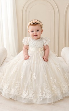 Baby Baptism Christening Ceremony Dress A-Line Knee-Length Jewel Neck Cap Sleeve Tulle Lace Floral Detail Floral Applique Button Back