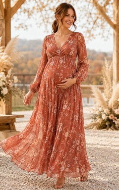 Orange V Neck Long Sleeve Floral Chiffon Floor Maternity Guest Gown