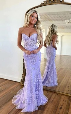 Sweetheart Sexy Sheath Lilac Lace Applique Prom Dress