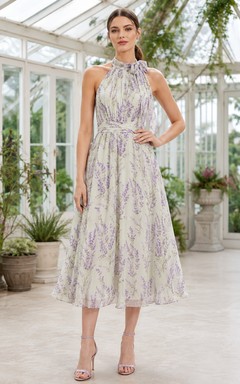 Lavender Field Print Halter Neck Garden Midi Dress
