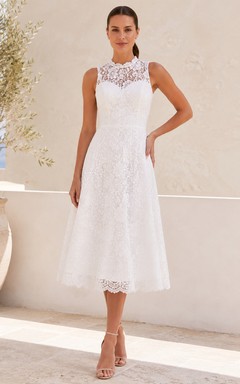 Covered Garden Ivory A-Line Tea-Length High-Neck Sleeveless Lace Modest Cocktail Dress