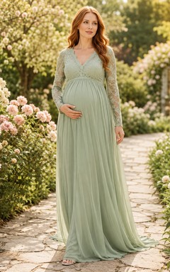 Salbeigrünes Umstandskleid aus Spitze, langärmelig, V-Ausschnitt, Chiffon und Schleppe, Gartenkleid