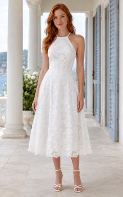 Boho-Hochzeitskleid in Teelänge mit Neckholder, Spitze, A-Linie und offenem Rücken