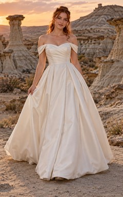 Vestido de novia sencillo de satén plisado de manga corta con escote corazón y hombros descubiertos.