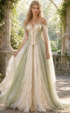 Sage Ombre Corset Off Shoulder Lace Applique A-Line Sweep Train Fantasy Gown