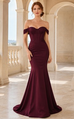 Burgunderfarbenes, schulterfreies Meerjungfrauen-Abendkleid aus Satin mit Korsett und Schleppe