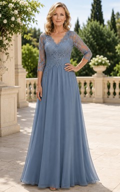 MOB-Kleid aus stahlblauem Chiffon mit Spitze, A-Linie, 3/4-Ärmeln, V-Ausschnitt, bodenlang, plissiert