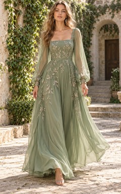 Robe de soirée en mousseline brodée de fleurs, couleur sauge, manches longues et col carré