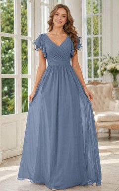 Elegant Indoor Formal Slate Blue Romantic A-Line Chiffon Bridesmaid Dress with V-Neck Short Sleeve Floor-Length Low Back