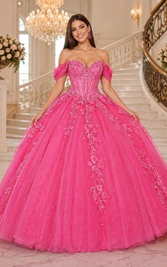 Fuchsia Off-the-Shoulder Beaded Tulle Quinceanera Ball Gown
