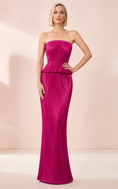 Fuchsia strapless pleated peplum floor length formal gown