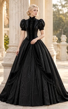 Schwarzes viktorianisches Ballkleid aus Satin mit hohem Kragen, Puffärmeln und bodenlangem Saum