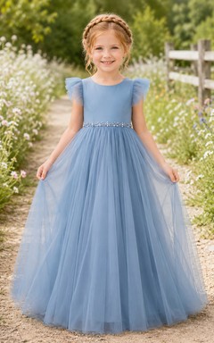 Blaues Tüllkleid für Blumenmädchen mit Perlenbesatz an der Taille