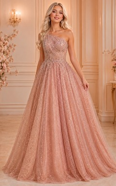 Rose Gold One-Shoulder Tulle Ball Gown Sparkling Formal Dress