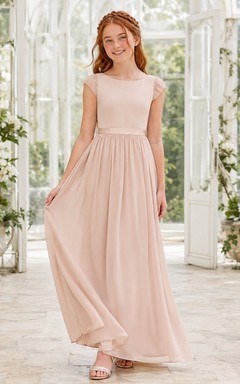 Elegantes champagnerfarbenes Chiffonkleid mit kurzen Ärmeln, Strasssteinen, A-Linie und bodenlangem Schnitt für junge Brautjungfern