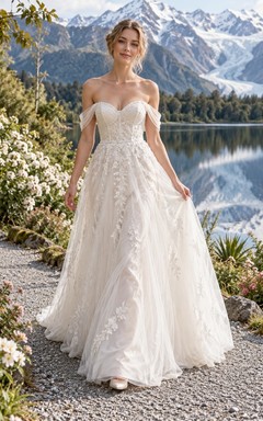 Simple Strapless Sweetheart Floral Lace A-Line Sweep Train Wedding Dress