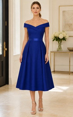 Royal Blue Elegant Modern Off-Shoulder Short-Sleeve Satin A-Line Tea-Length Formal Dress