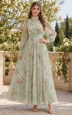 Mintgrünes, geblümtes Maxi-Gästekleid mit hohem Kragen und transparenten Ärmeln