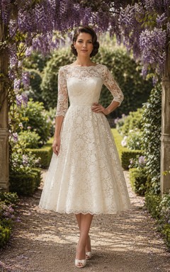 Robe de mariée vintage des années 1950, manches en dentelle, longueur thé