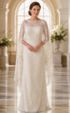 Robe de mariée royale et sobre en dentelle, fourreau, longueur au sol, manches courtes, à encolure bateau, idéale pour les futures mariées d'âge mûr.