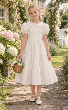 Tea-length Country Vintage Ivory A-line Collared Puff-sleeve Ruffle-hem Flower Girl Dress