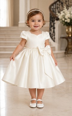 Baptism Dress Luxury Satin A-Line Jewel Neck Short Sleeve Pleated Skirt