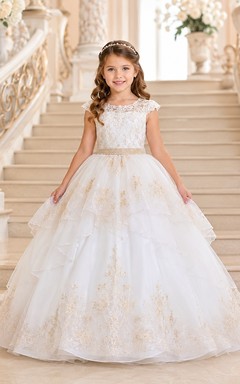 Ivory Romantic Strappy Tulle Short-Sleeve Ball-Gown Flowergirl Dress