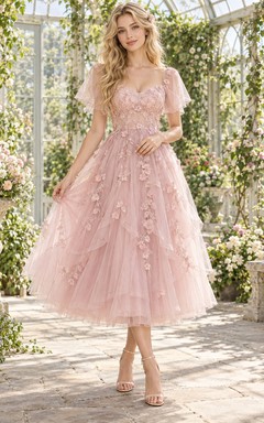 Fairy Tea-length Blush Sweetheart Flutter Sleeve Floral Layered Tulle Dress