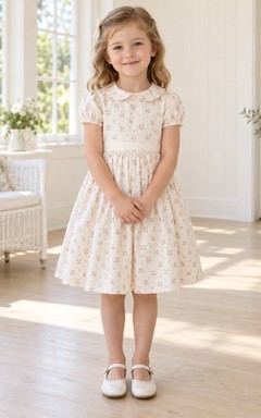 Modest Simple Ivory Knee-length Peter-Pan Collar Short Ruffled Puff Sleeves Rosebud-Print A-line Flowergirl Dress