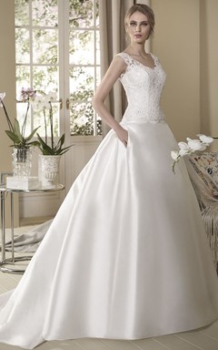Ball Gown Sleeveless V-Neck Floor-Length Appliqued Satin Wedding Dress