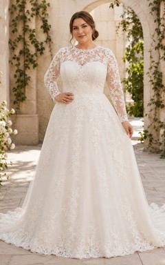 Lace Wedding Dress Mermaid V-Neck Long Sleeve Chapel Train Bridal Gown
