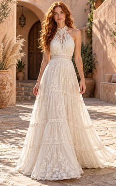 Boho-Brautkleid mit Neckholder, geometrischer Spitze, Stufenrock, ärmellos, bodenlang, A-Linie