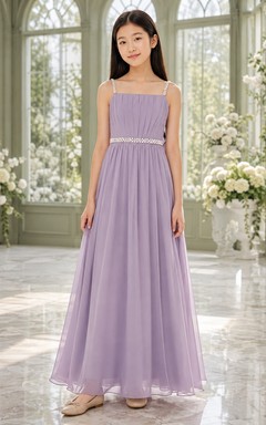 Lavendelfarbenes Brautjungfernkleid (A-Linie, Spaghettiträger, ärmellos) mit Perlenstickerei