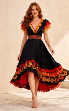 Vibrant Black Floral Cumbia A Line High Low V Neck Ruffle Sleeve Dress