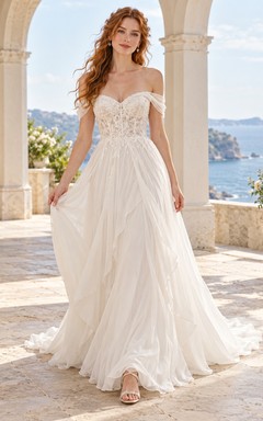 Off Shoulder Sweetheart Lace Chiffon A-Line Bridal Wedding Dress