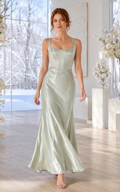 celadon Square Neck Corset Satin Mermaid Ankle Guest Dress