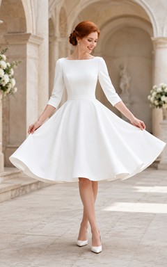 Vestido de novia de corte A vintage de satén con escote barco y mangas largas hasta la rodilla