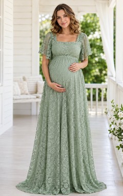 Sage Romantic Elegant Square Short-Sleeve Lace Ruched A-Line Floor-Length Formal Dress