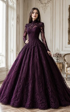 Plum High-Neck Long-Sleeve Lace-Tulle Ball Gown Floor-Length Gothic Dress