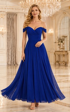 Royal Blue Off Shoulder Pleated Chiffon Gala Gown