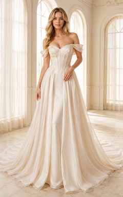Vestido de novia formal, sencillo, romántico y elegante, con hombros descubiertos, edición C, corte A.