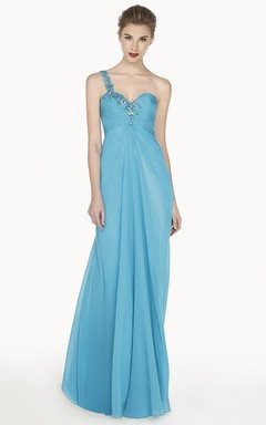 Single Crystal Strap A-Line Chiffon Long Prom Dress With Waist Keyhole