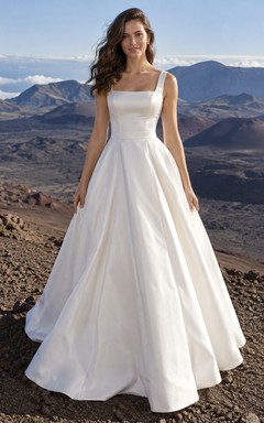 Simple Square Neck Sleeveless Smooth Taffeta A-Line Floor Length Wedding Dress