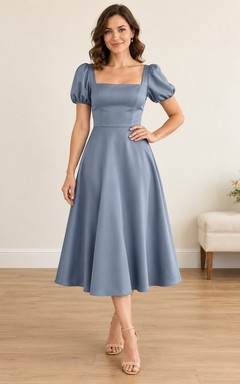 Modest Steel Blue Tea-length Square Neck Puff Sleeve Bridesmaid Dress
