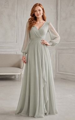 Sage V-Neck Long Sleeve Chiffon A-Line Deep-V Back Floor-Length Dress