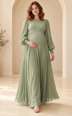 Maternity Long Sleeve Modest Sage Bateau Fine Pleated Formal Gown