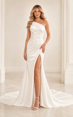 Satin Wedding Dress Mermaid One Shoulder Sleeveless Sweep Train with Slit Low V Back Bridal Gown