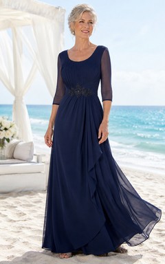 Marineblaues, transparentes Chiffon-Strandkleid mit Rundhalsausschnitt und Ärmeln – perfekt für Mütter